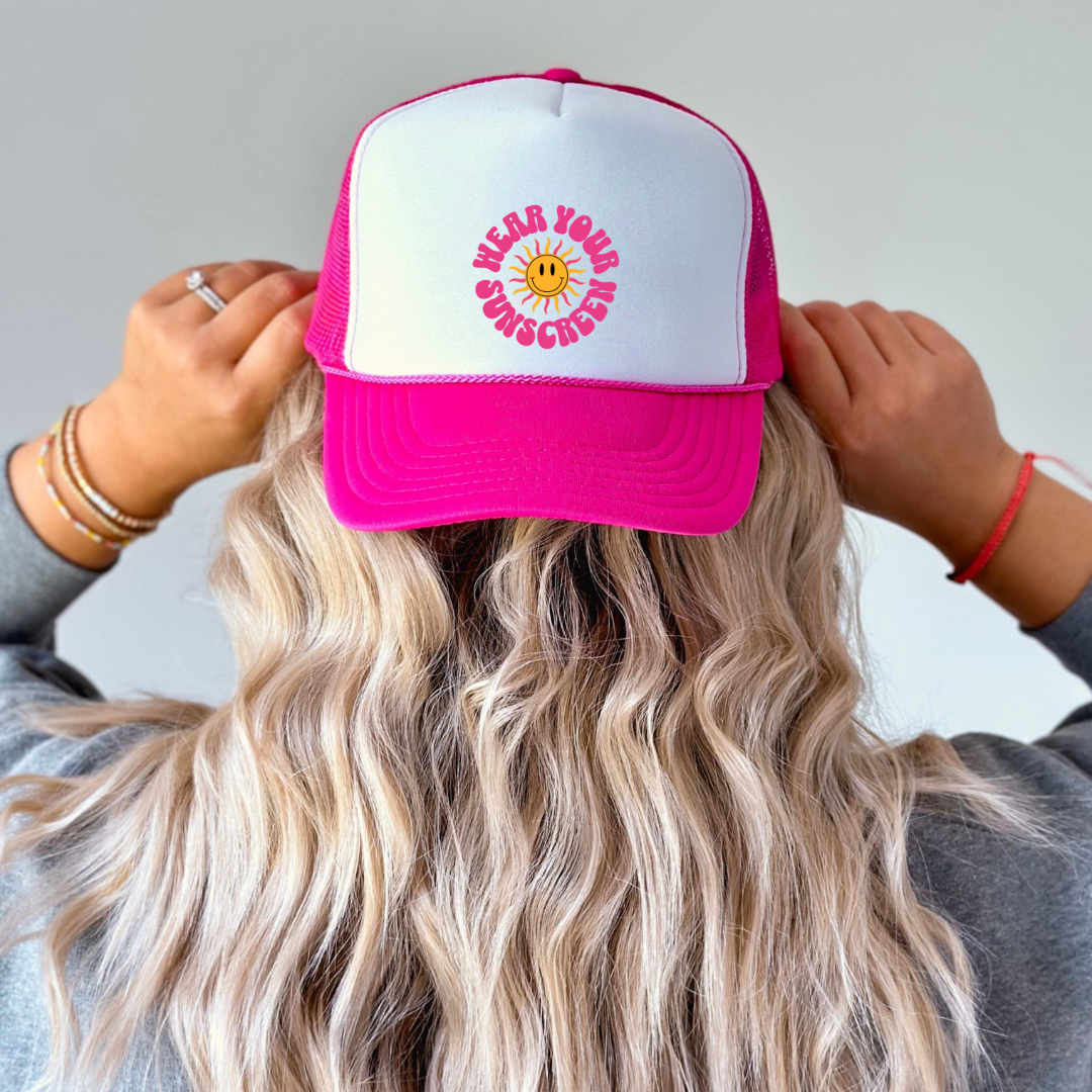 Wear Your Sunscreen Trucker Hat PINK
